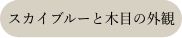 スカイブルーと木目の外観